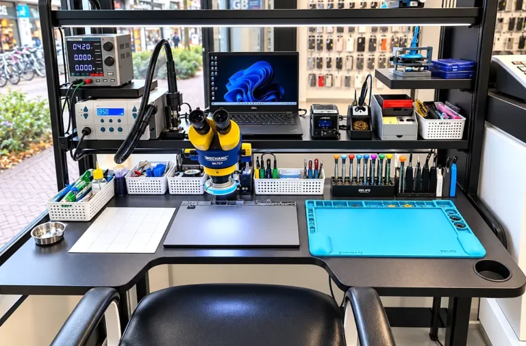 Werkplaats van Phone Protection in Apeldoorn: telefoon reparatie onder de microscoop