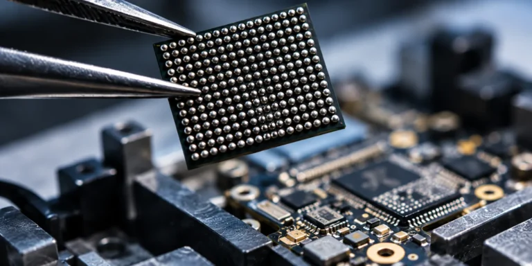 BGA-chip met soldeercontacten tijdens microsoldeerwerk