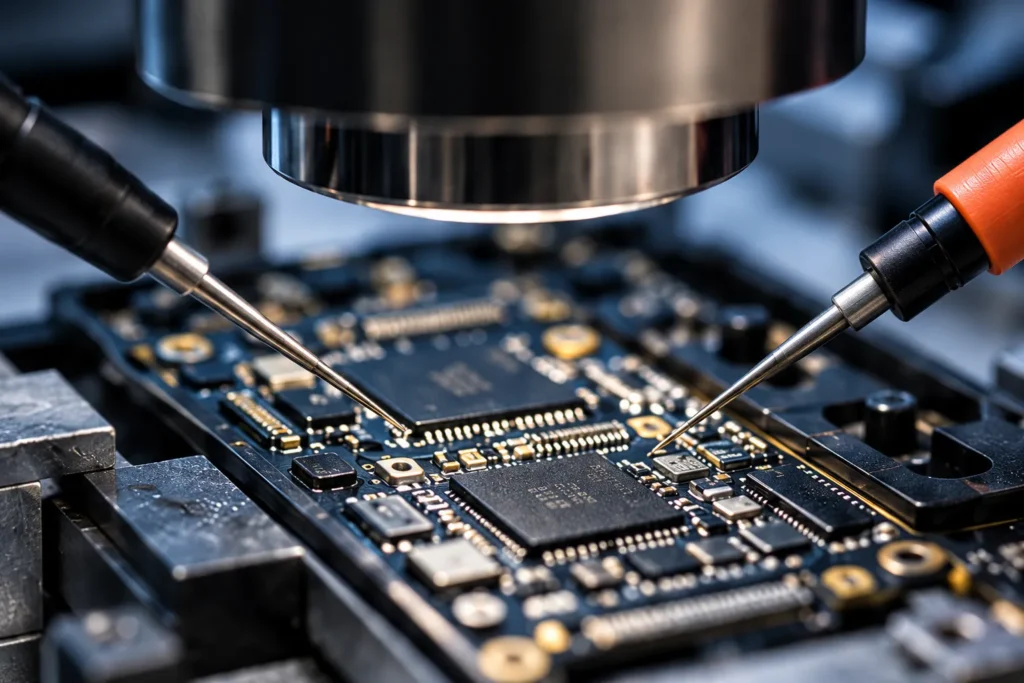 Moederbord wordt doorgemeten onder de microscoop
