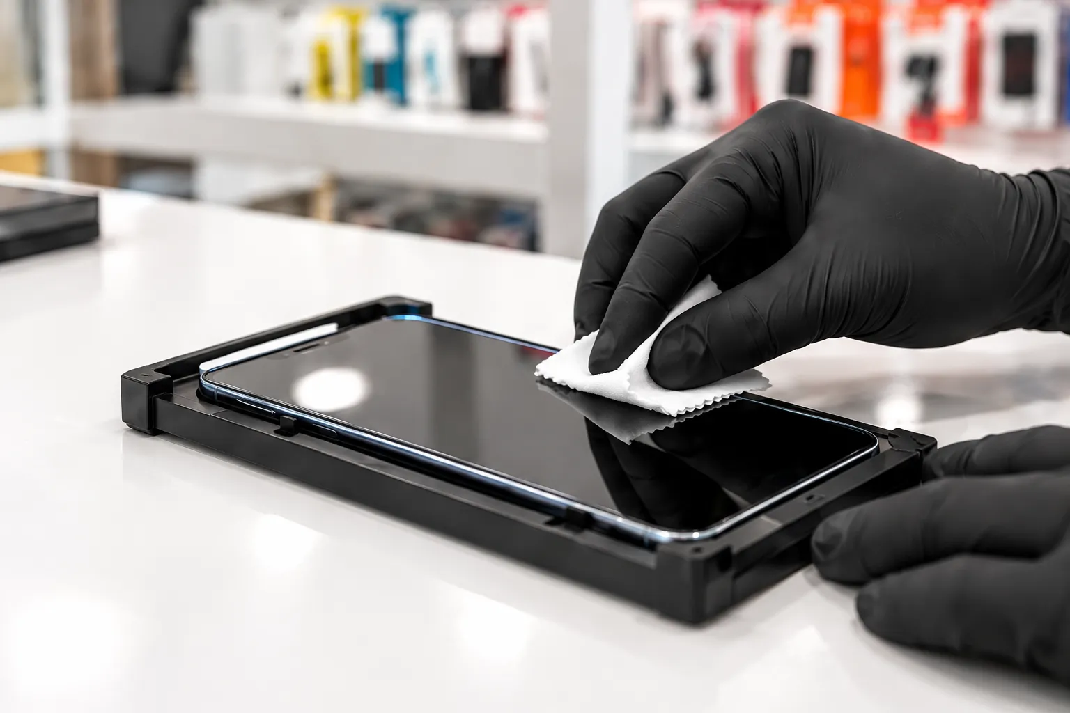 Medewerker plaatst een screenprotector van gehard glas op een smartphone