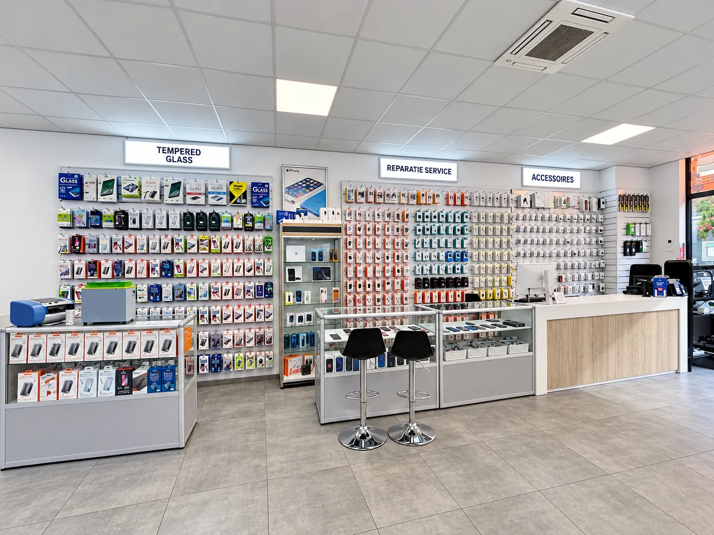 Wand met telefoonhoesjes, screenprotectors en opladers in de winkel van Phone Protection in Apeldoorn