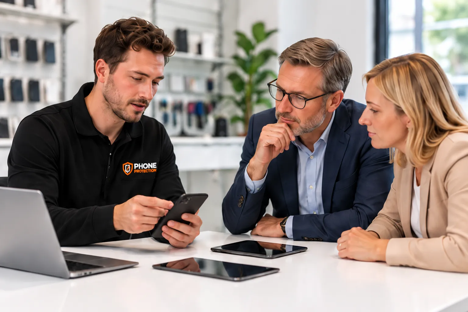 Medewerker van Phone Protection adviseert zakelijke klanten over telefoons en tablets in Apeldoorn